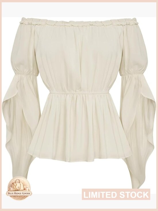 Tops - Bell Sleeve Peasant Blouse Renaissance Top Chiffon Smocked Waist Elegant